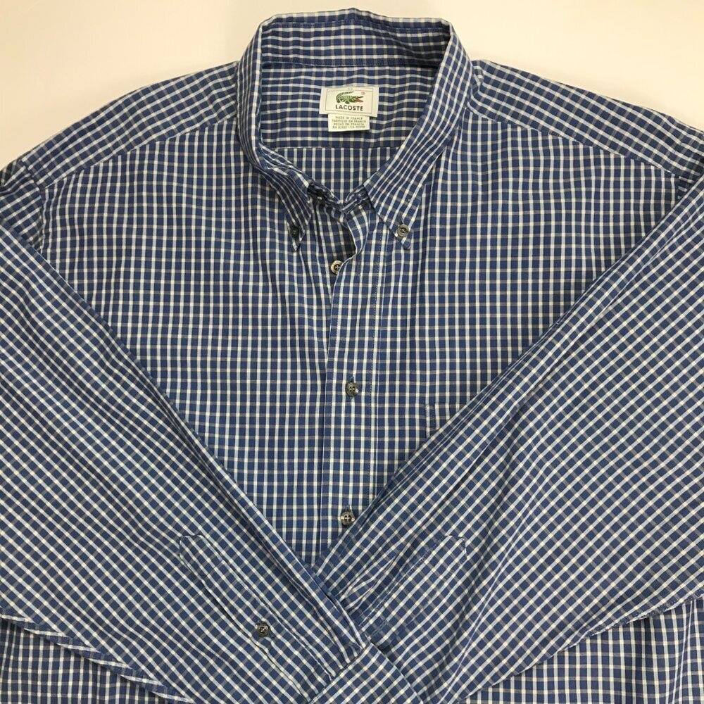 LACOSTE Men 45 - 2XL Cotton Blue Multi-Color Plaid Shirt